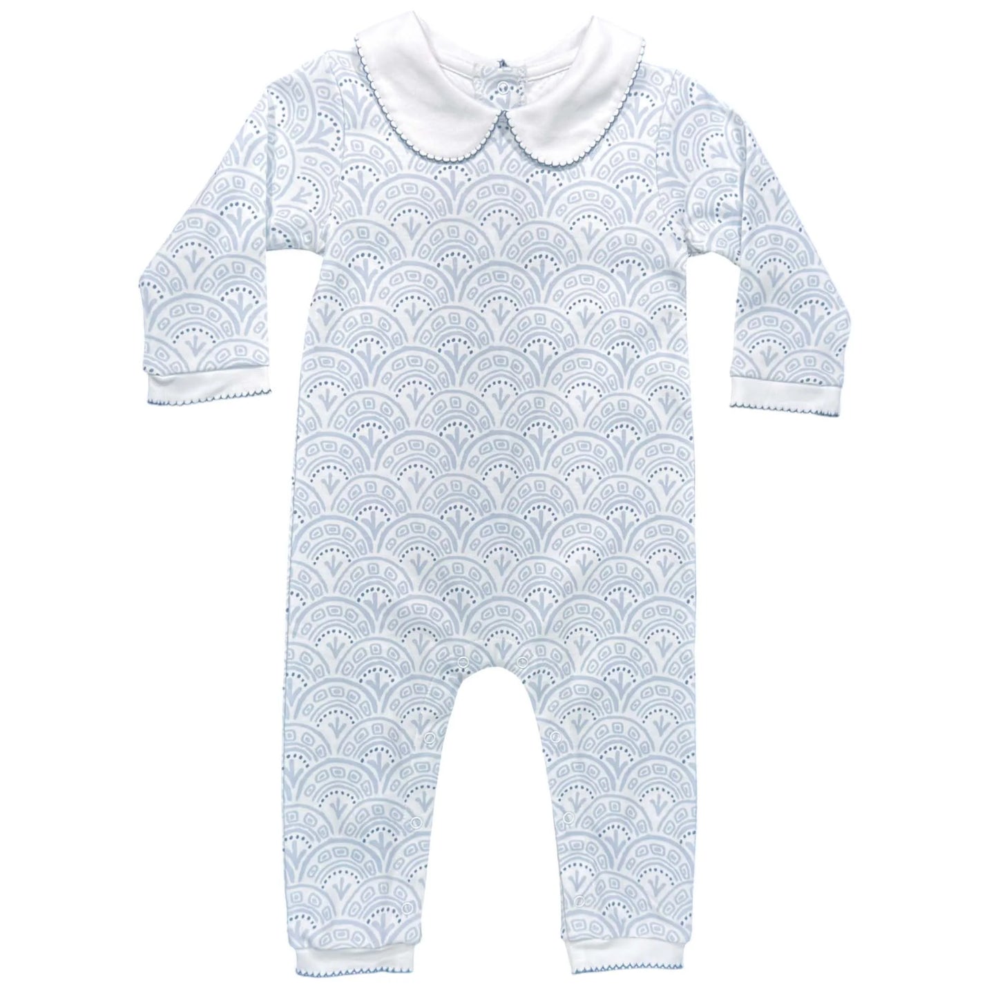 Boys Footless Playsuit With Peter Pan Collar- Blue Scallop