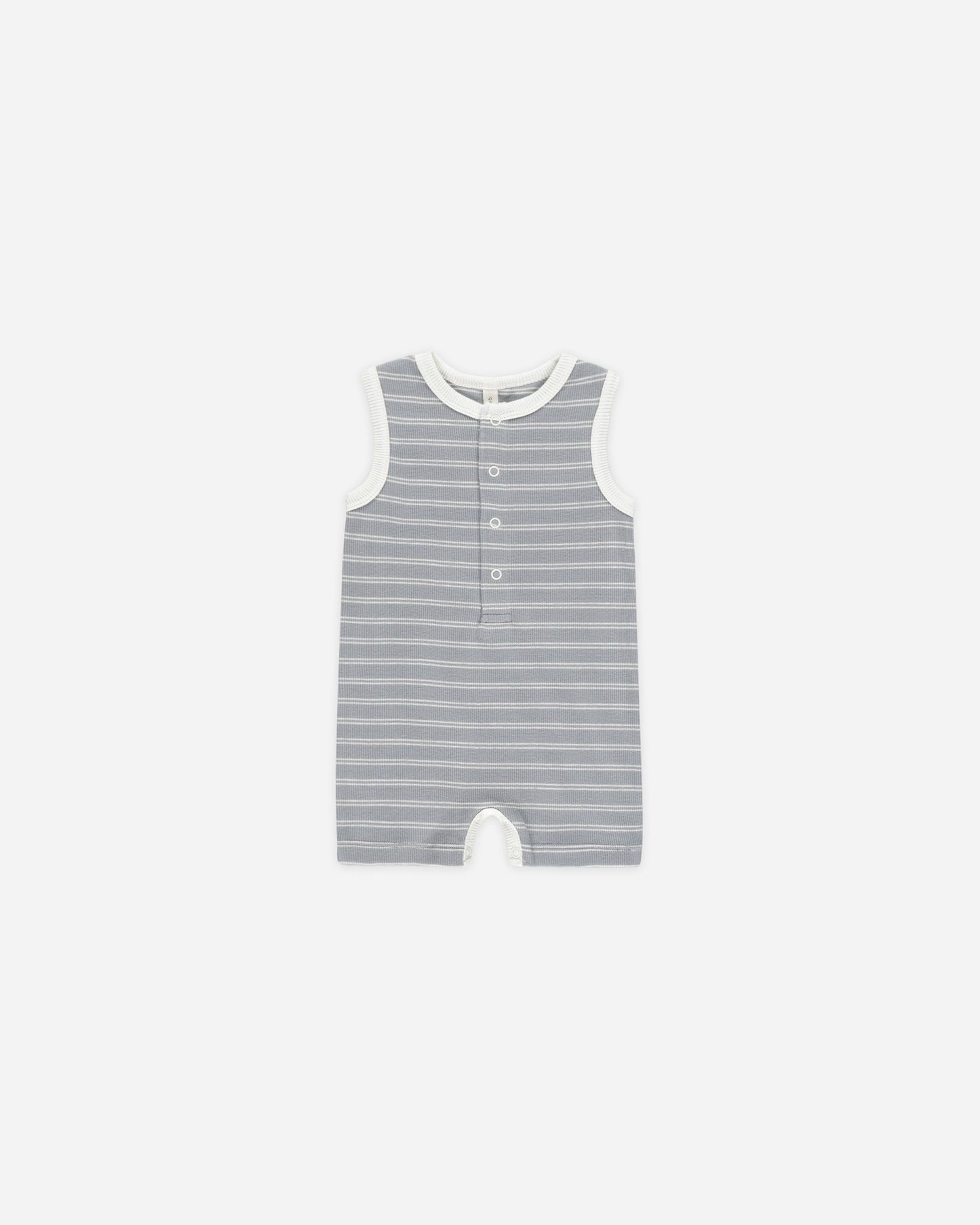 Ribbed Henley Romper Blue Pinstripe- Quincy Mae