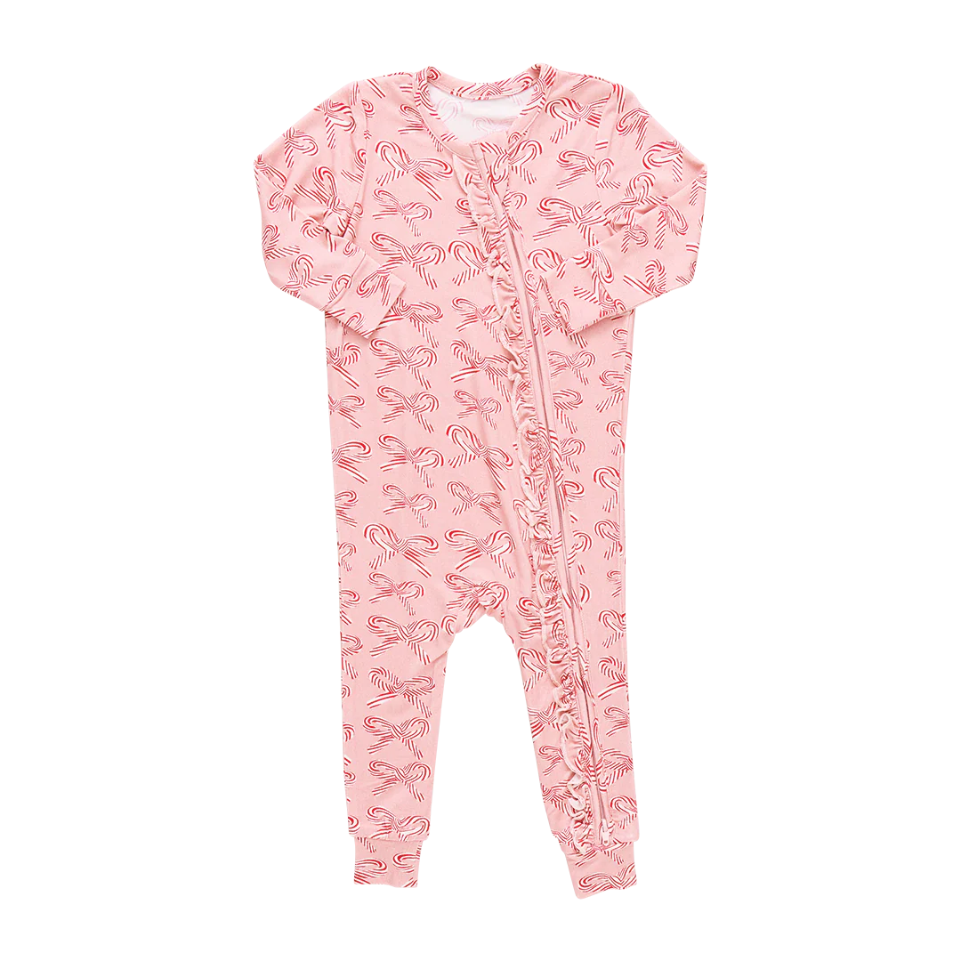 Baby Ruffle Bamboo Romper- Candy Cane Bows