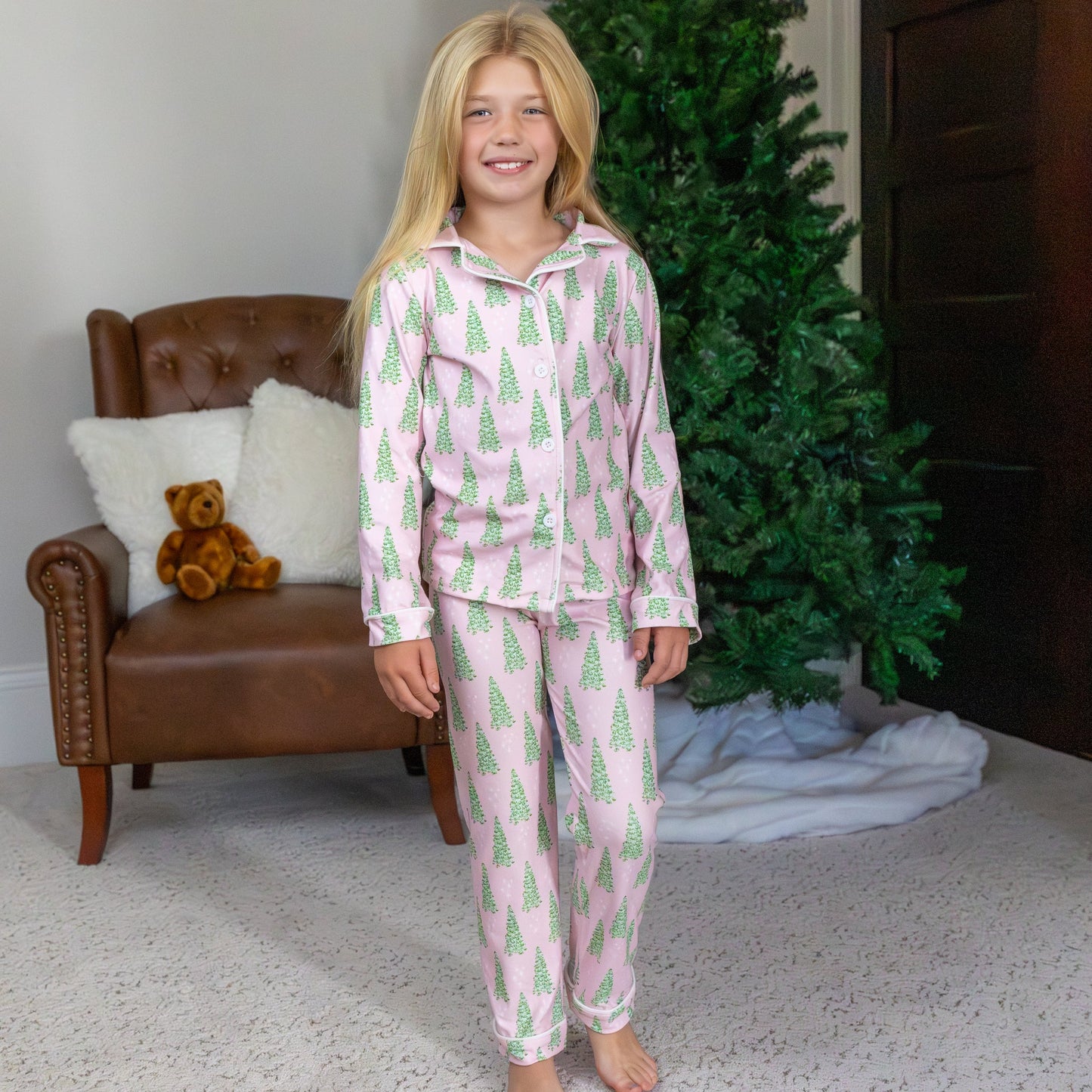 Kids Button Down PJs - Pink Christmas Tree