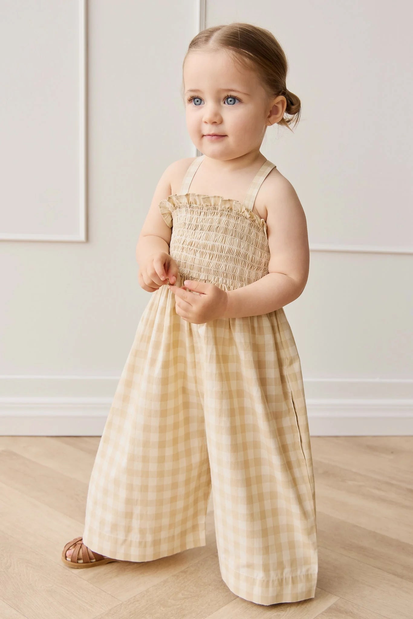 Organic Cotton Arabella Jumpsuit - Gingham Pale Khaki- Jamie Kay