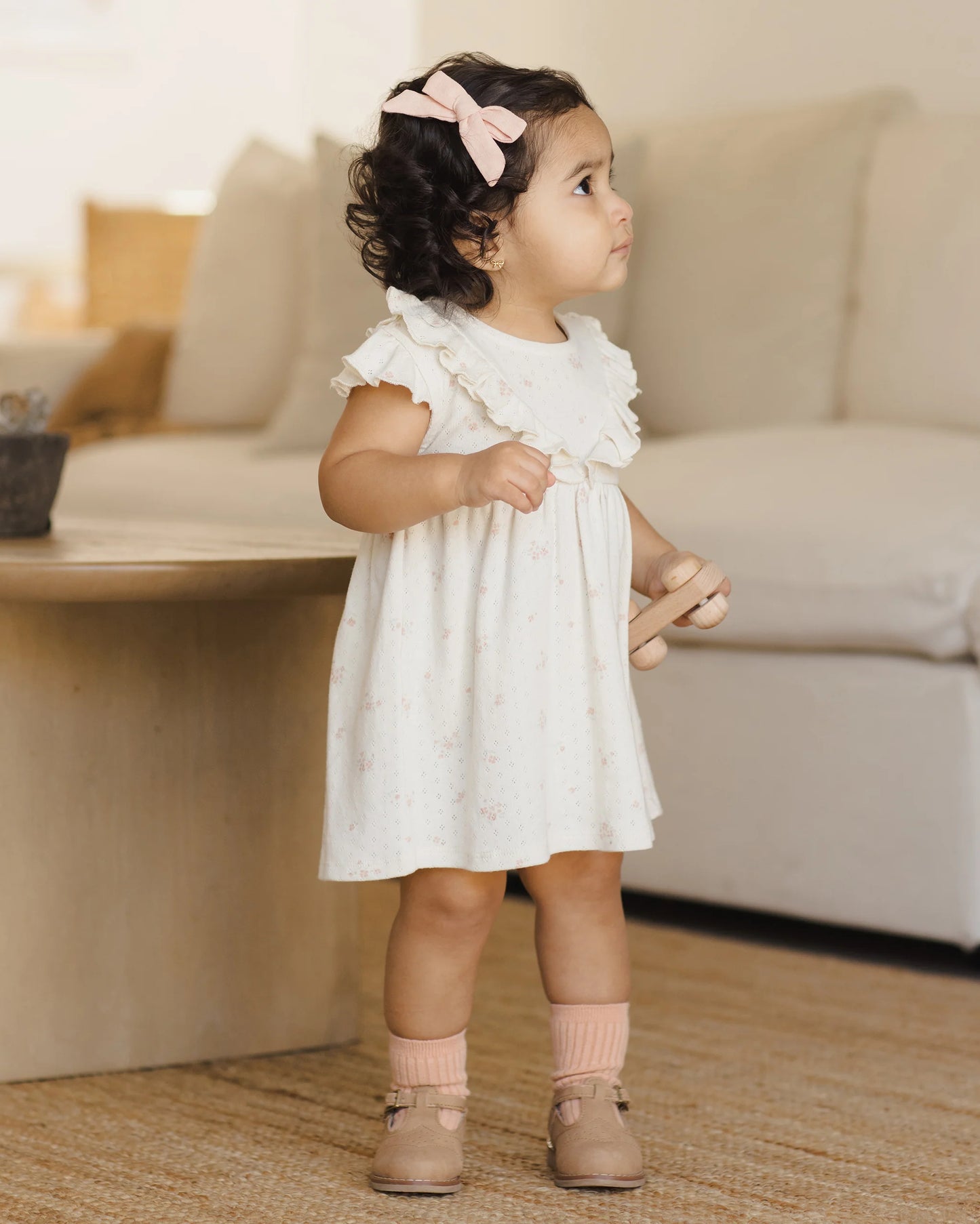 Sleeveless Ruffle V Dress Pink Ditsy- Quincy Mae