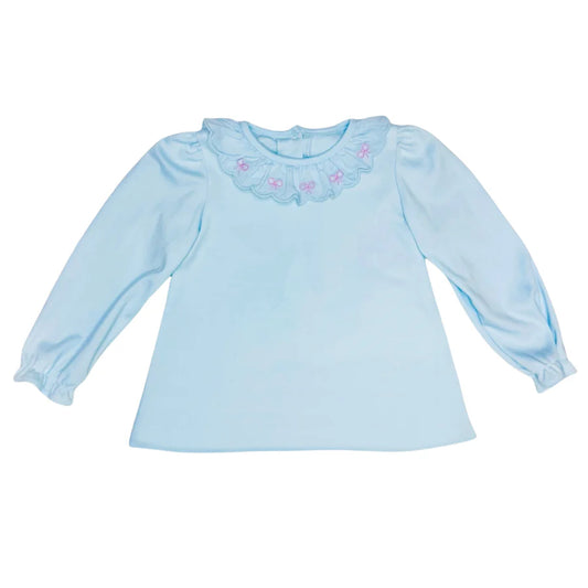 Bow Scallop Blouse- Light Blue Knit