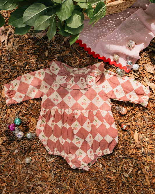 Hazel Romper- Cherry Patchwork Crimson