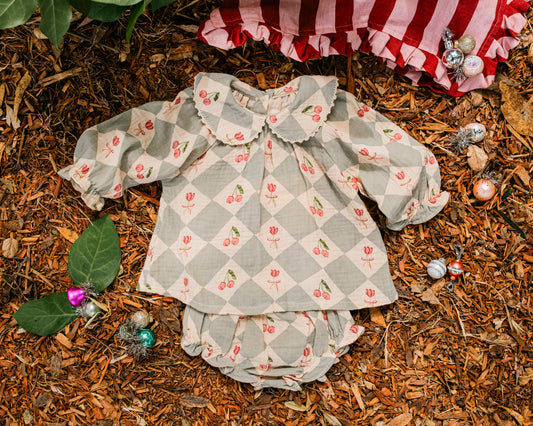 Georgina Set-  Cherry Patchwork Vintage Blue