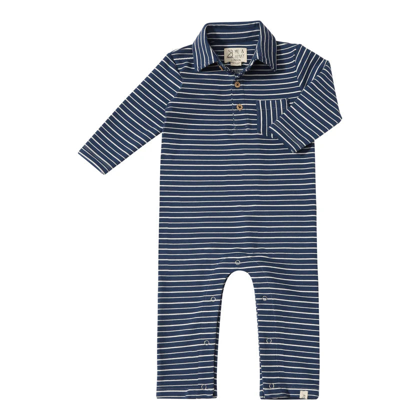 Kingston polo romper- Navy double stripe