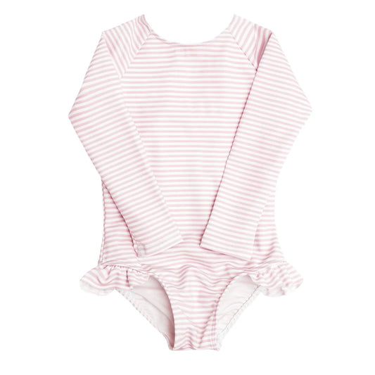 girls light pink stripe rashguard one piece