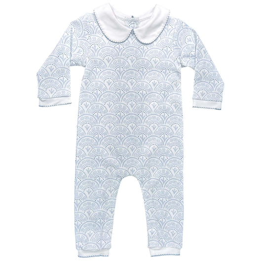 Boys Footless Playsuit With Peter Pan Collar- Blue Scallop