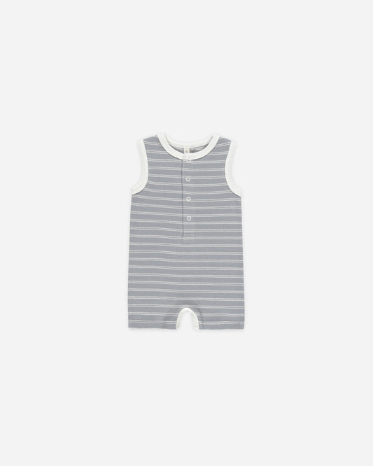 Ribbed Henley Romper Blue Pinstripe- Quincy Mae