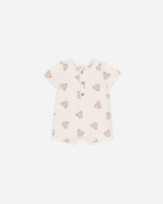 Short Sleeve Woven Romper Teddy- Quincy Mae