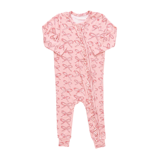 Baby Ruffle Bamboo Romper- Candy Cane Bows