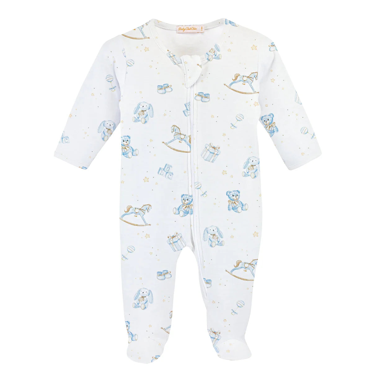 Toys- Blue Printed Zipped Footie- Baby Club Chic