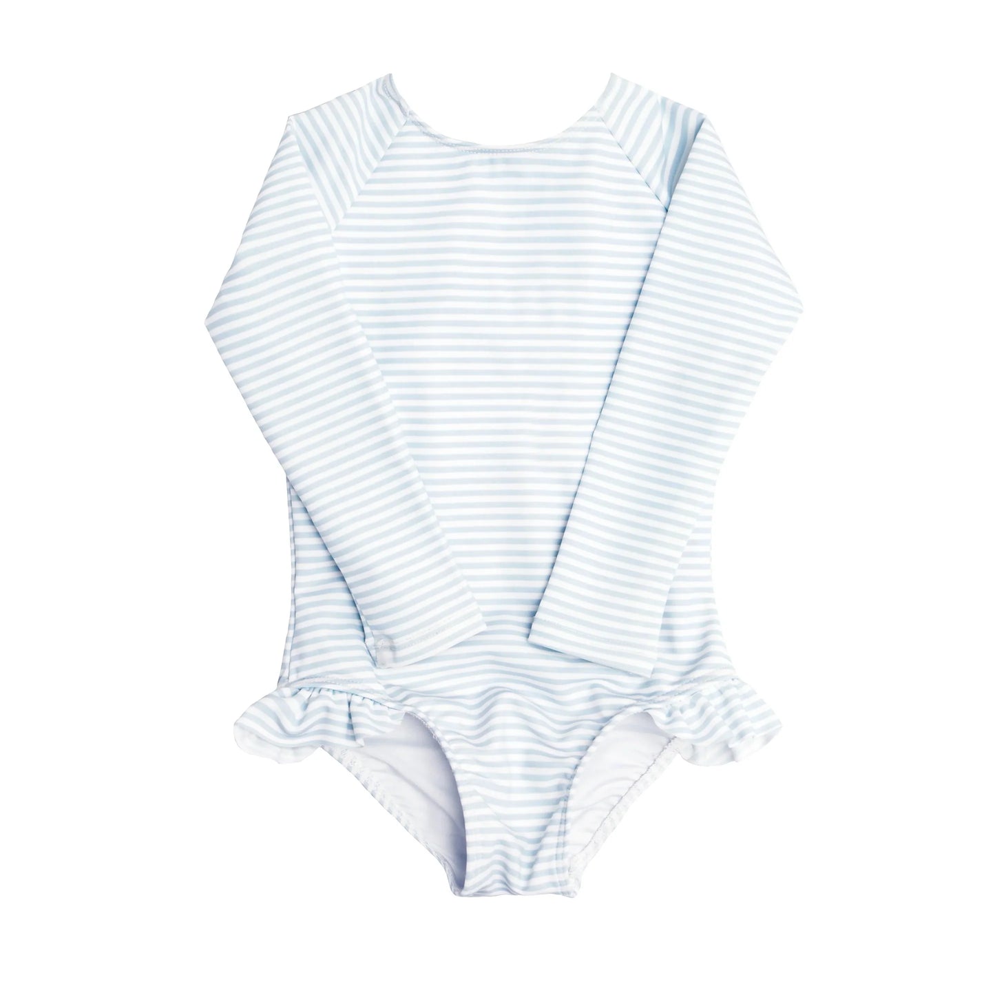 girls powder blue stripe ruffle sleeve rashguard one piece