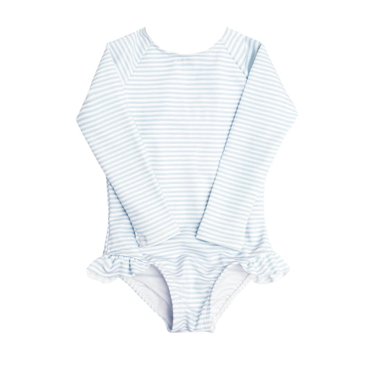 girls powder blue stripe ruffle sleeve rashguard one piece