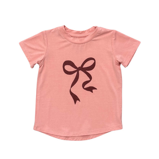 Girls Short Sleeve Shirt Bow in Rose Brown
