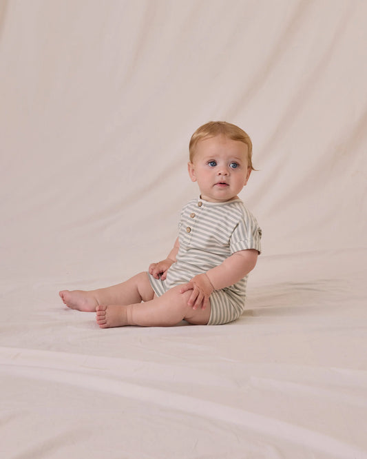 Short Sleeve One Piece Sage Stripe- Quincy Mae
