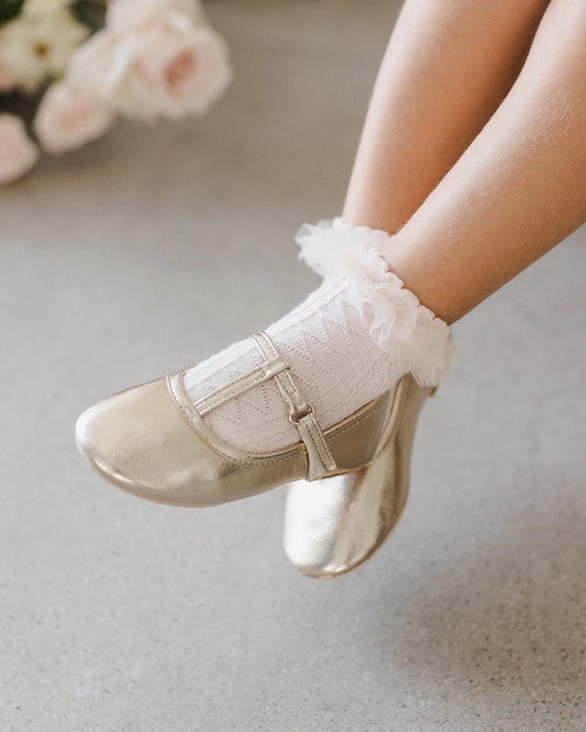 T-strap Ballet Flats Gold Metallic- Noralee