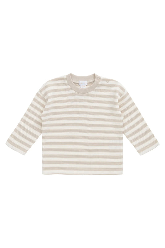 Organic Cotton Waffle Leith Long Sleeve Top - Staple Stripe Oat/Cloud- Jamie Kay